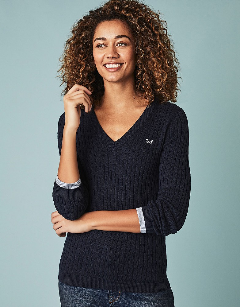 Heritage Tipped Cable V Neck Jumper