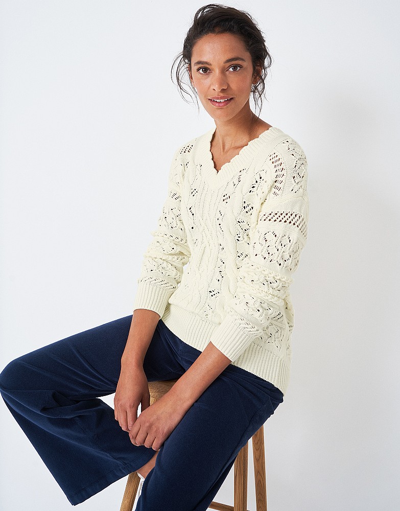 Women's Crochet Scallop Hem V Neck Jumper from Crew Clothing Company