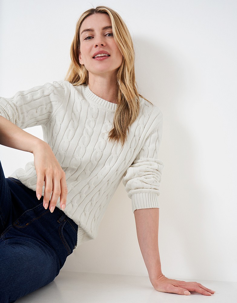 Chunky Heritage Cable Cotton Cashmere Crew Jumper - white linen