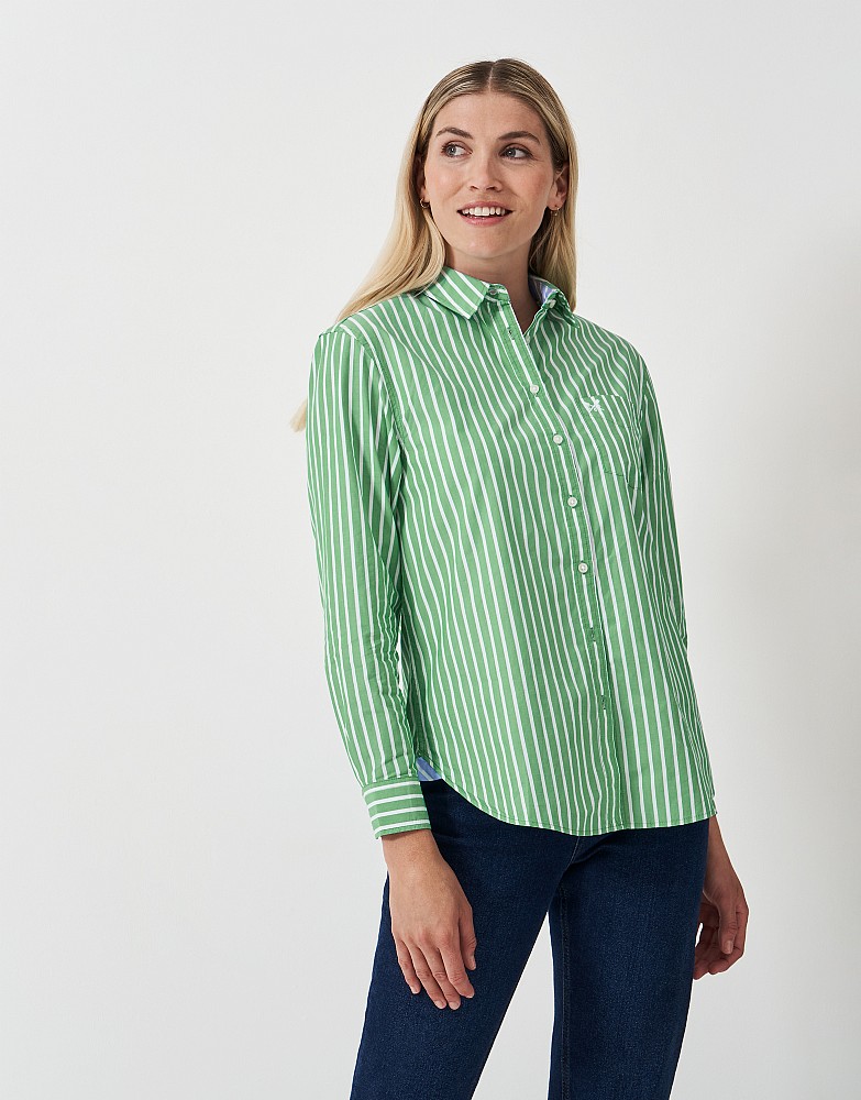 Cotton Poplin Shirt in Green and White Stripe