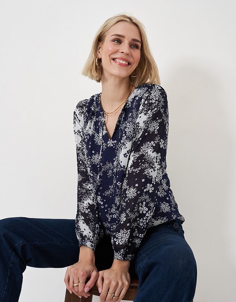 Mila Tie Neck Blouse in Navy Floral