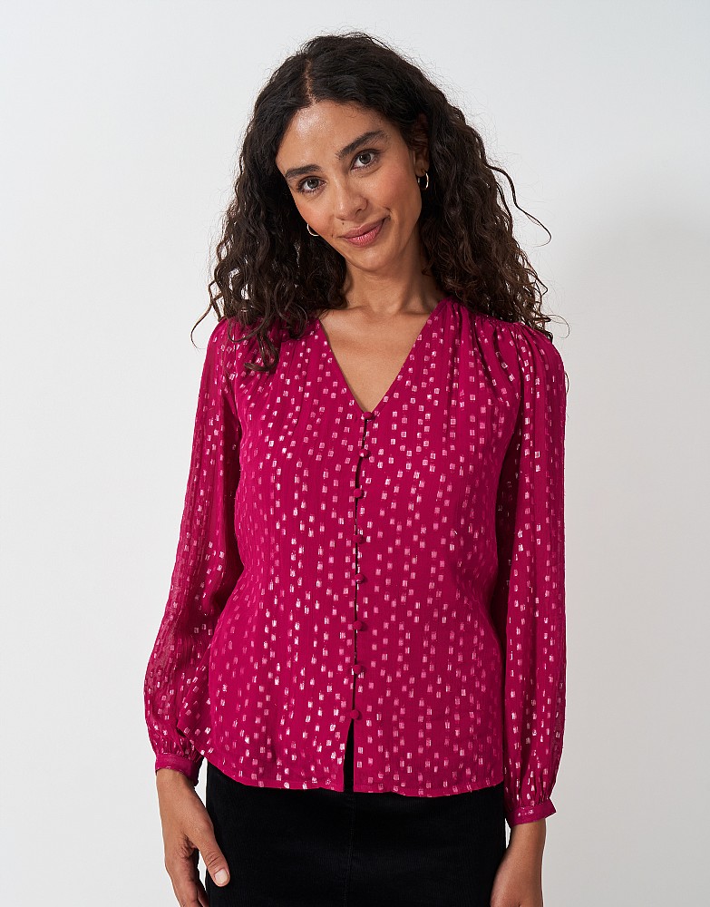 Lola Metallic Tie Back Blouse in Berry Red