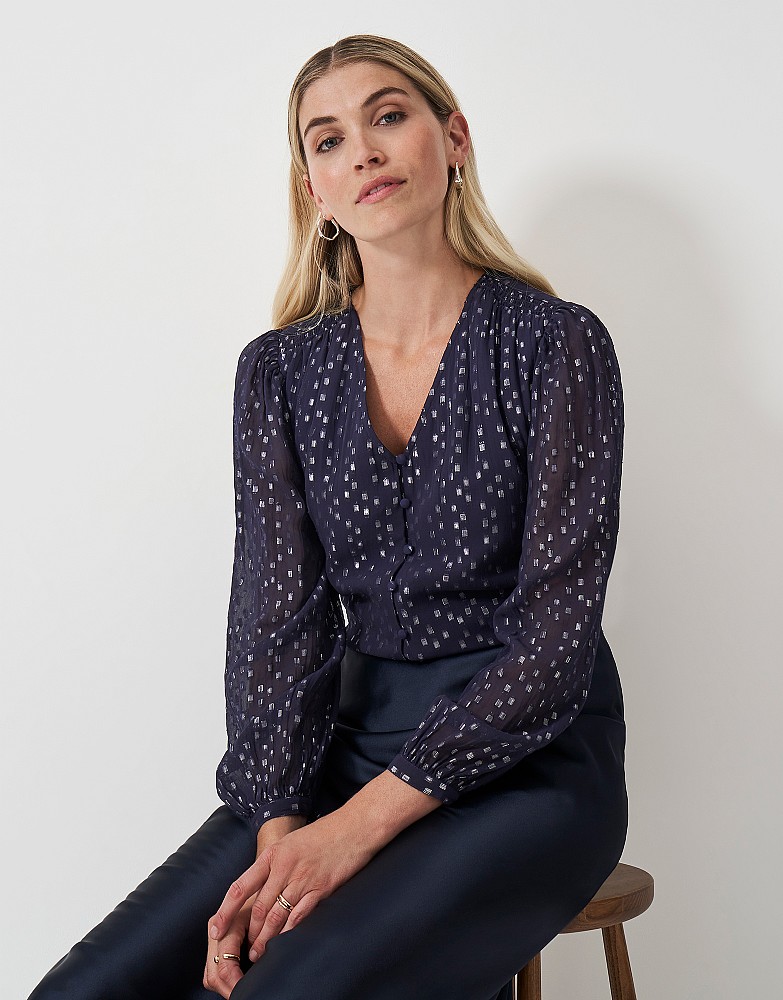 Lola Metallic Tie Back Blouse in Navy