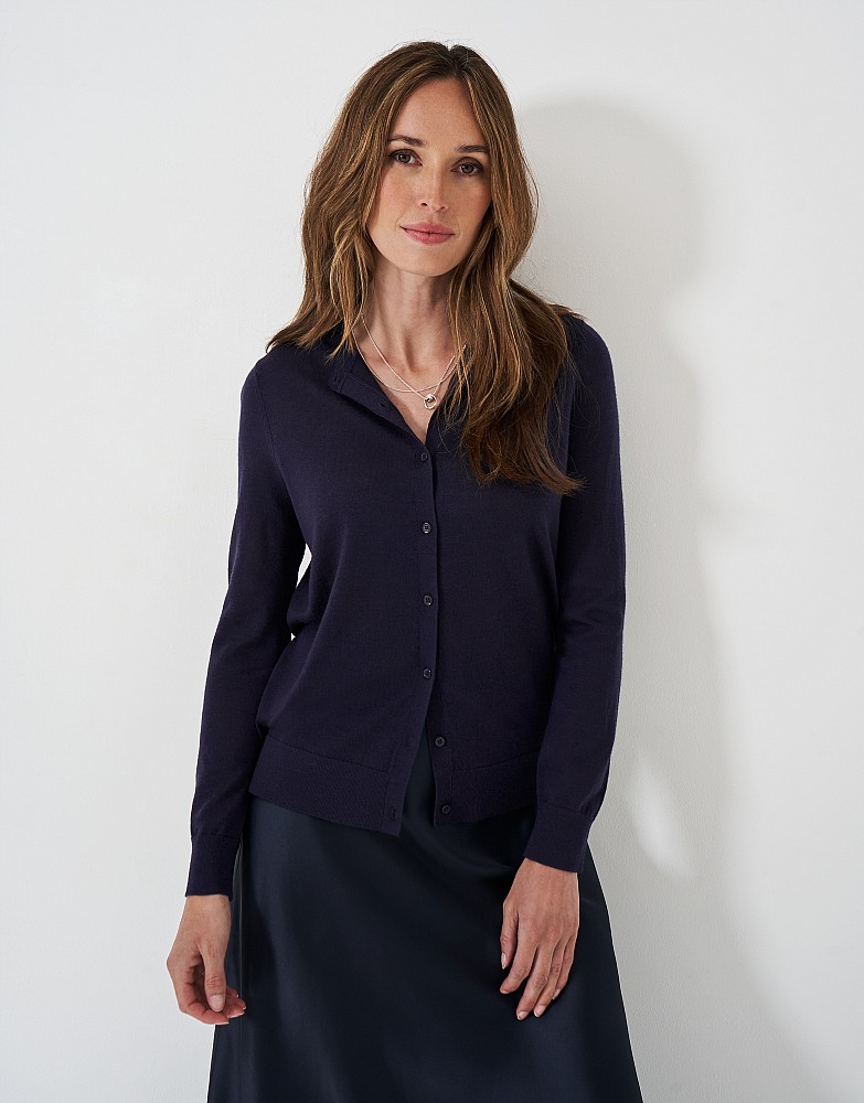 Crew Neck Cardigan with Merino Wool in Navy