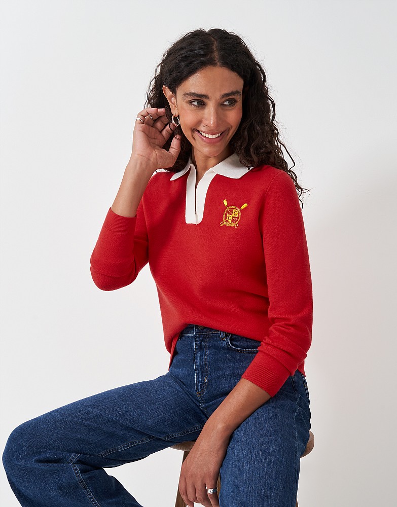 Knitted Crest Rugby Shirt in Red