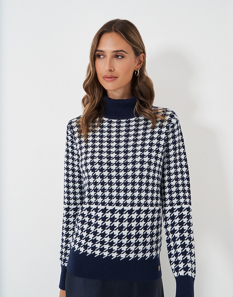 Navy Houndstooth Roll Neck Jumper with Cashmere