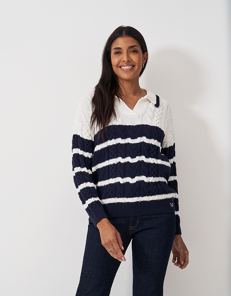 Multi Cable Collar Jumper in Navy and White