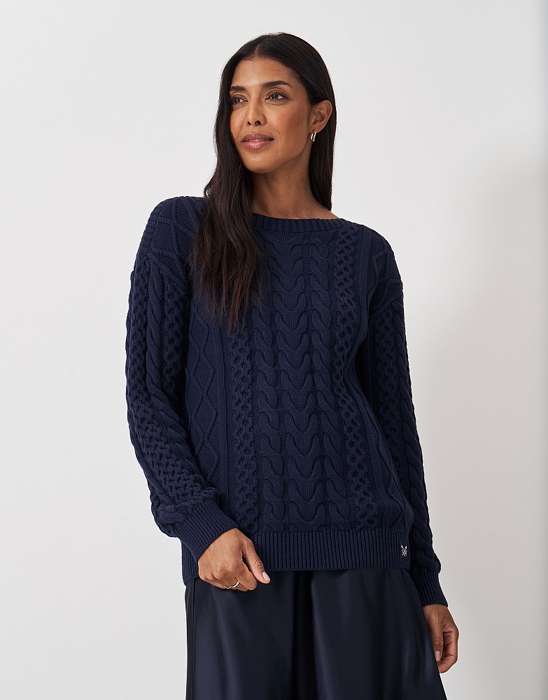 Multi Cable Knit Boat Neck Jumper in Navy