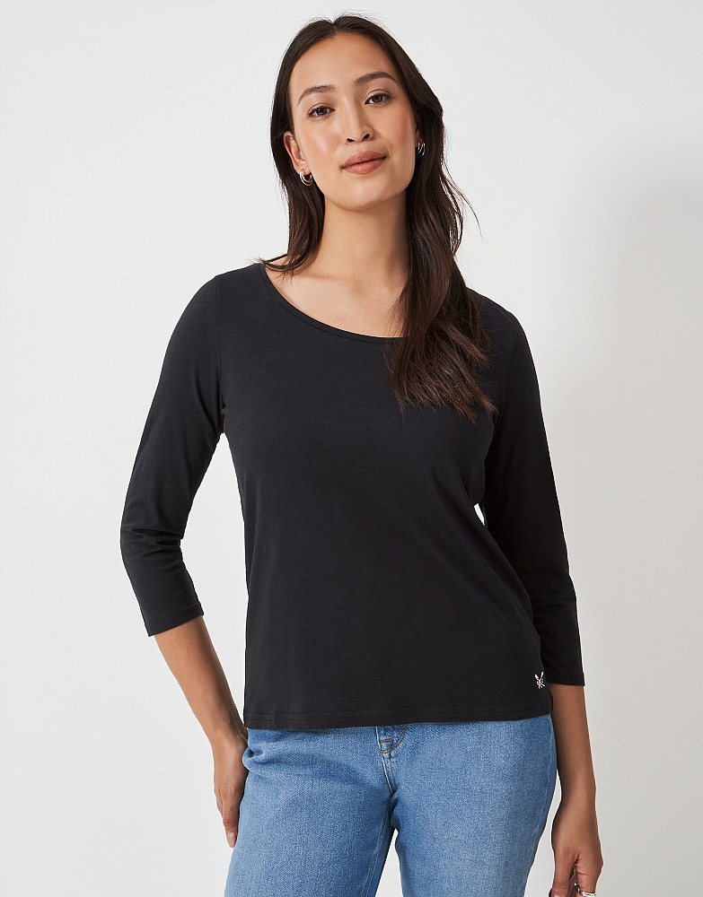 3/4 Sleeve Scoop Neck Slub T-Shirt in Black