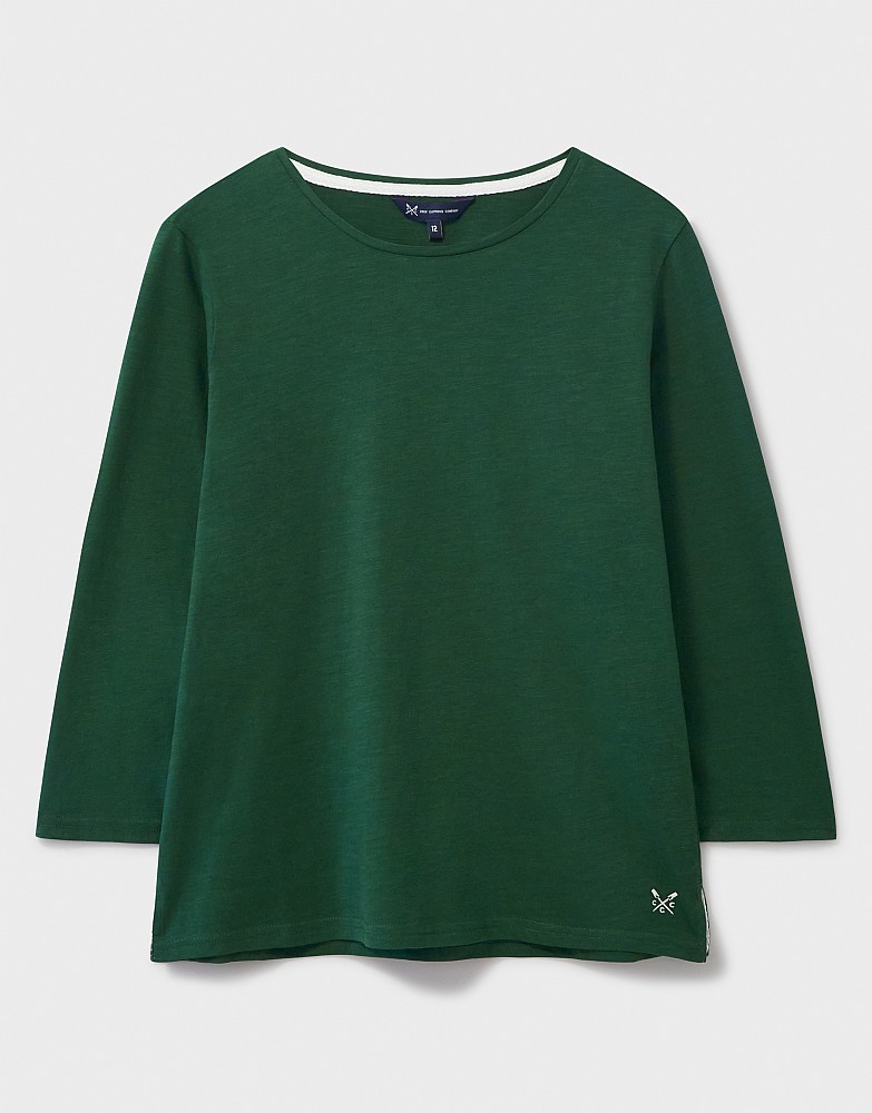 3/4 Sleeve Slub Cotton Jersey Crew Neck Top in Green