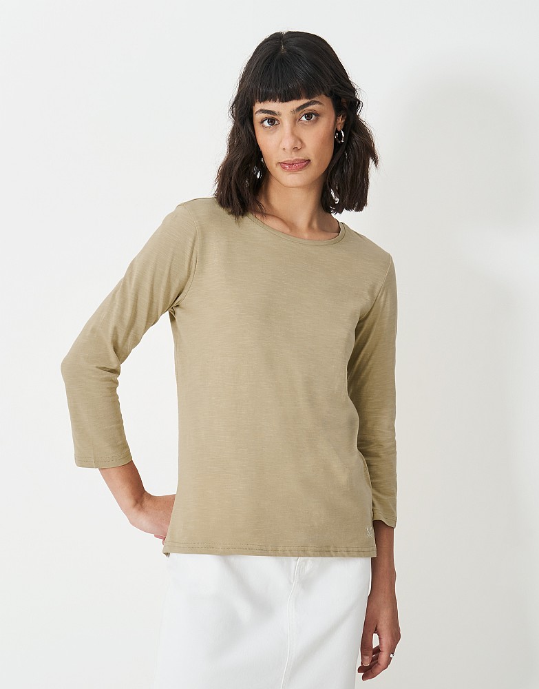 3/4 Sleeve Slub Cotton Jersey Crew Neck Top in Oat