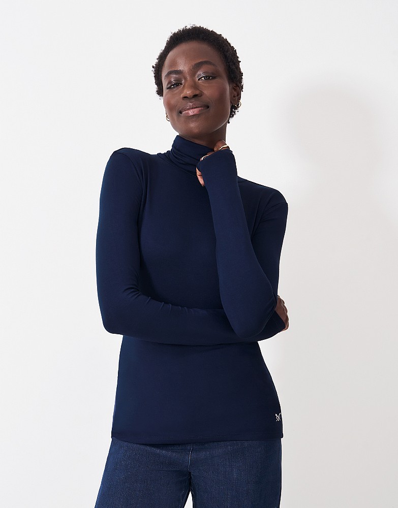 Modal Blend Second Skin Roll Neck Top in Navy - navy