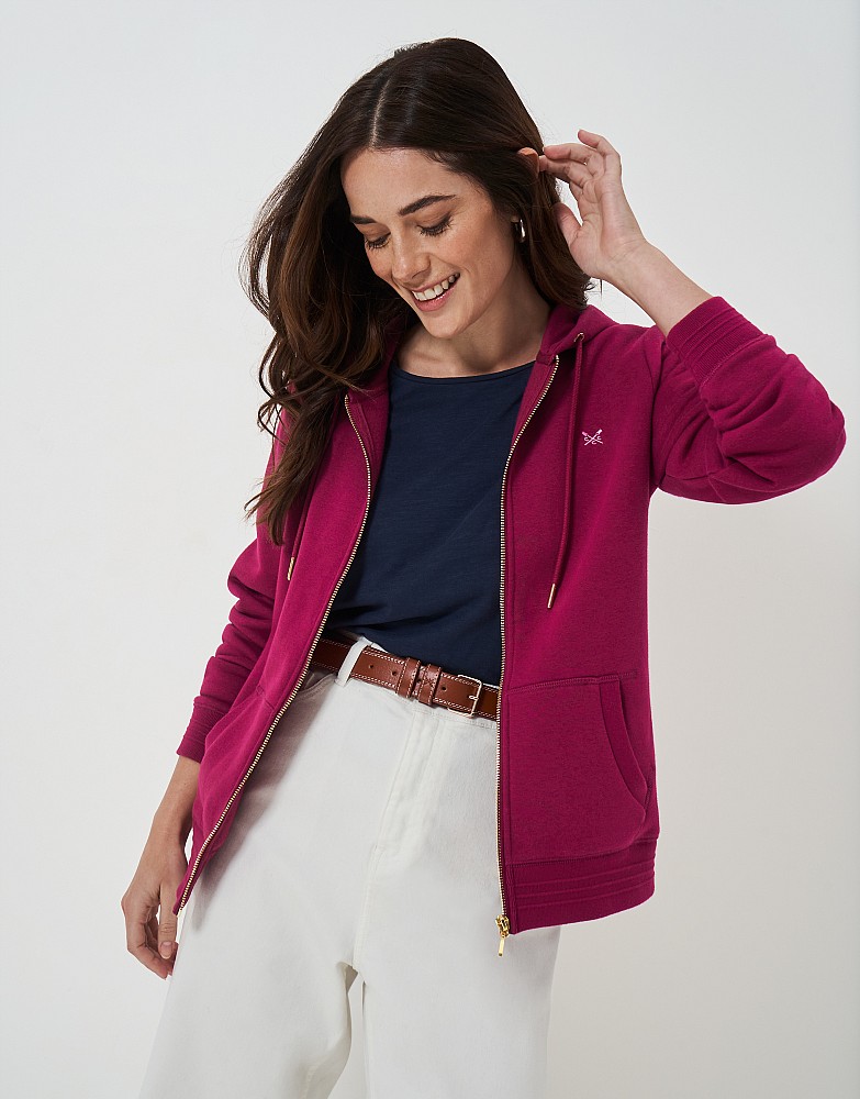 Cotton Blend Heritage Zip Through Hoodie in Berry
