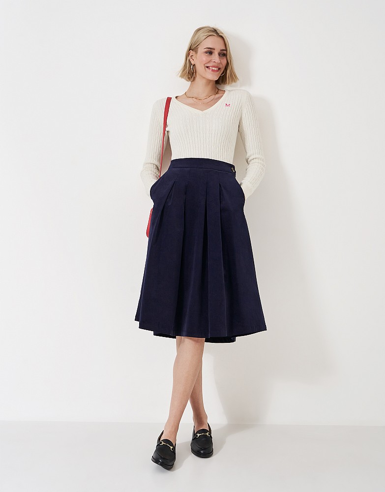 Pleated Cord Midi Skirt in Navy