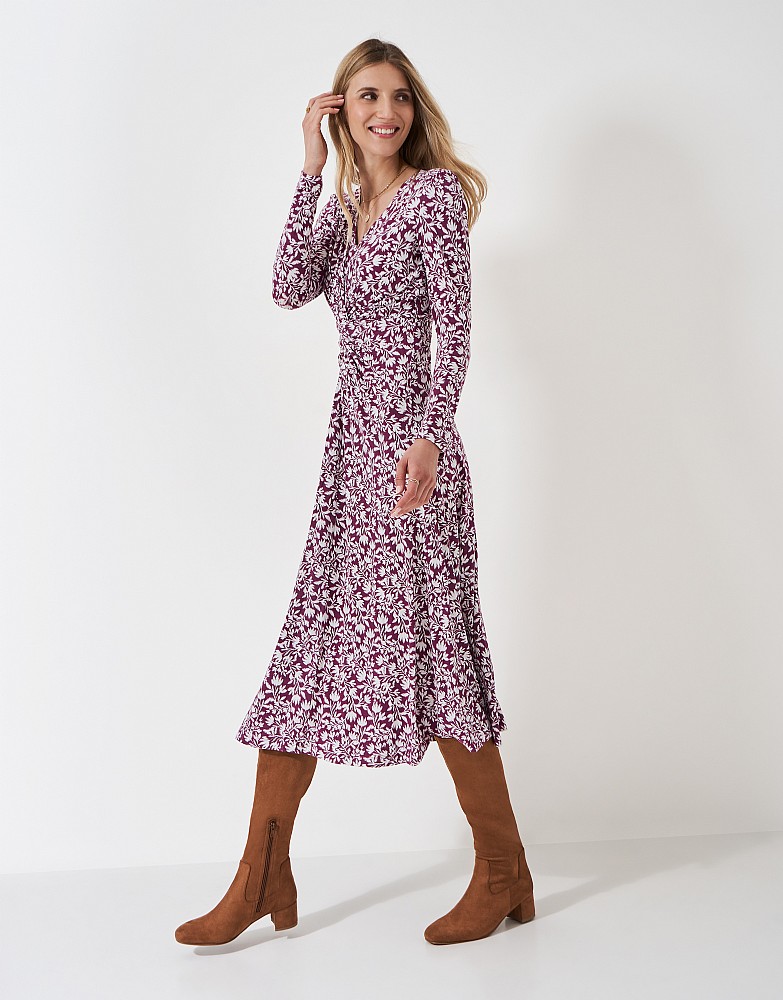 Long Sleeve Twist-Front Jersey Midi Dress in Mulberry Ikat