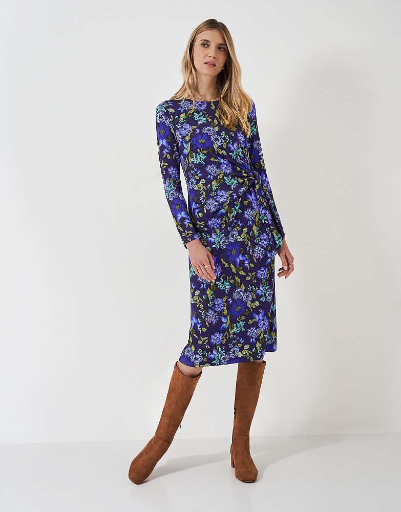 Long Sleeve Tina Tie Front Jersey Dress in Navy Floral