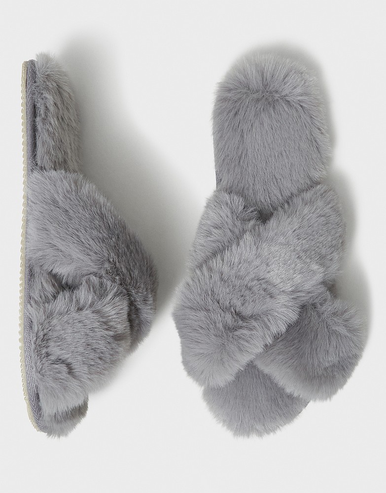 Faux Fur Crossover Slippers in Grey
