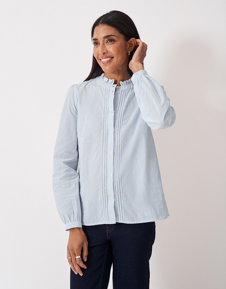 Ruffle Neck Blouse in Blue White Stripe