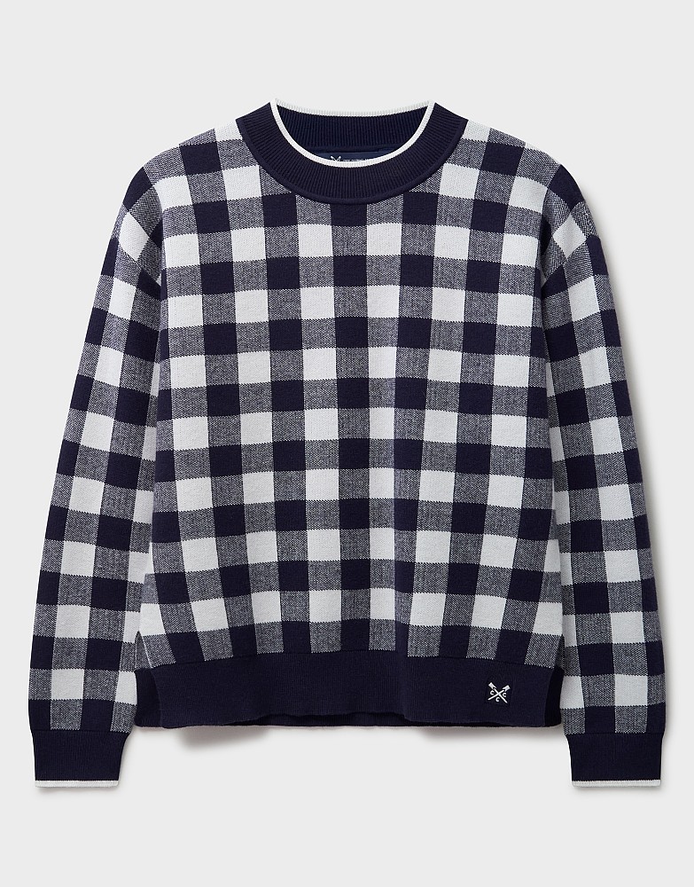 Women's Knitted Check Jumper in Navy White from Crew Clothing