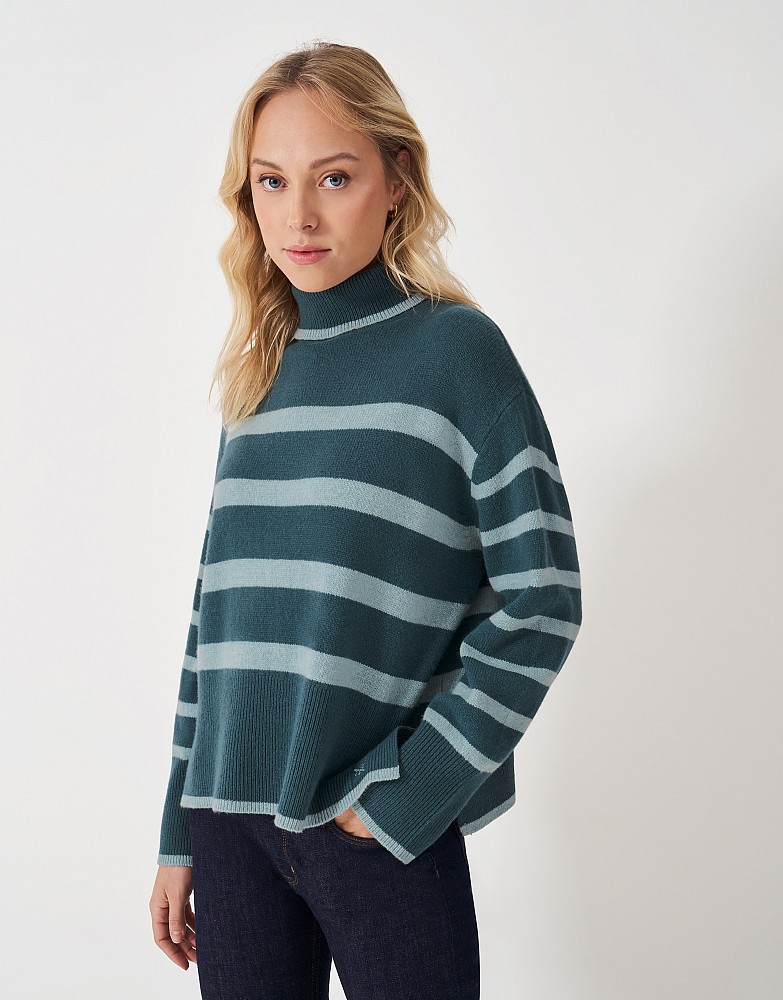Roll Neck Merino Wool Stripe Jumper in Blue