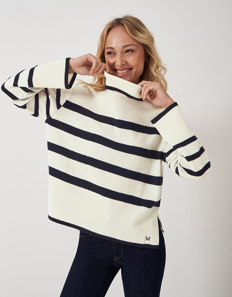 Roll Neck Merino Wool Stripe Jumper in Ivory and Navy