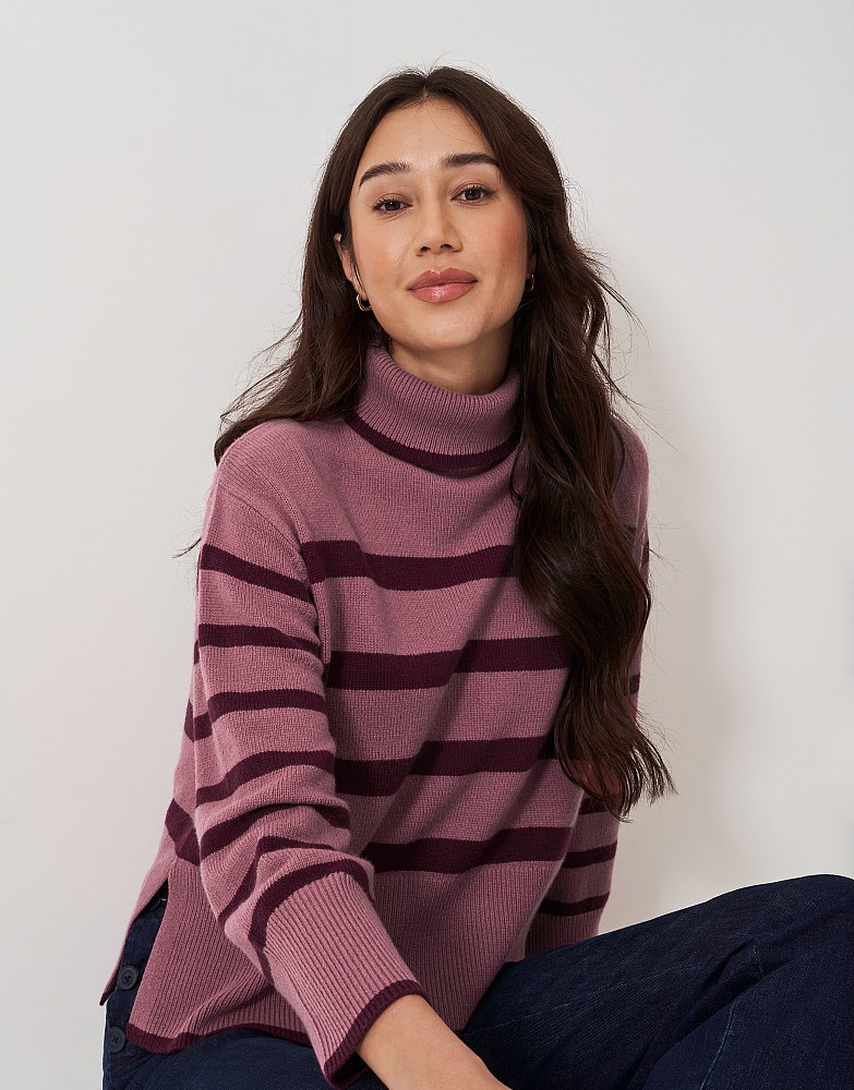 Roll Neck Merino Wool Stripe Jumper in Pink