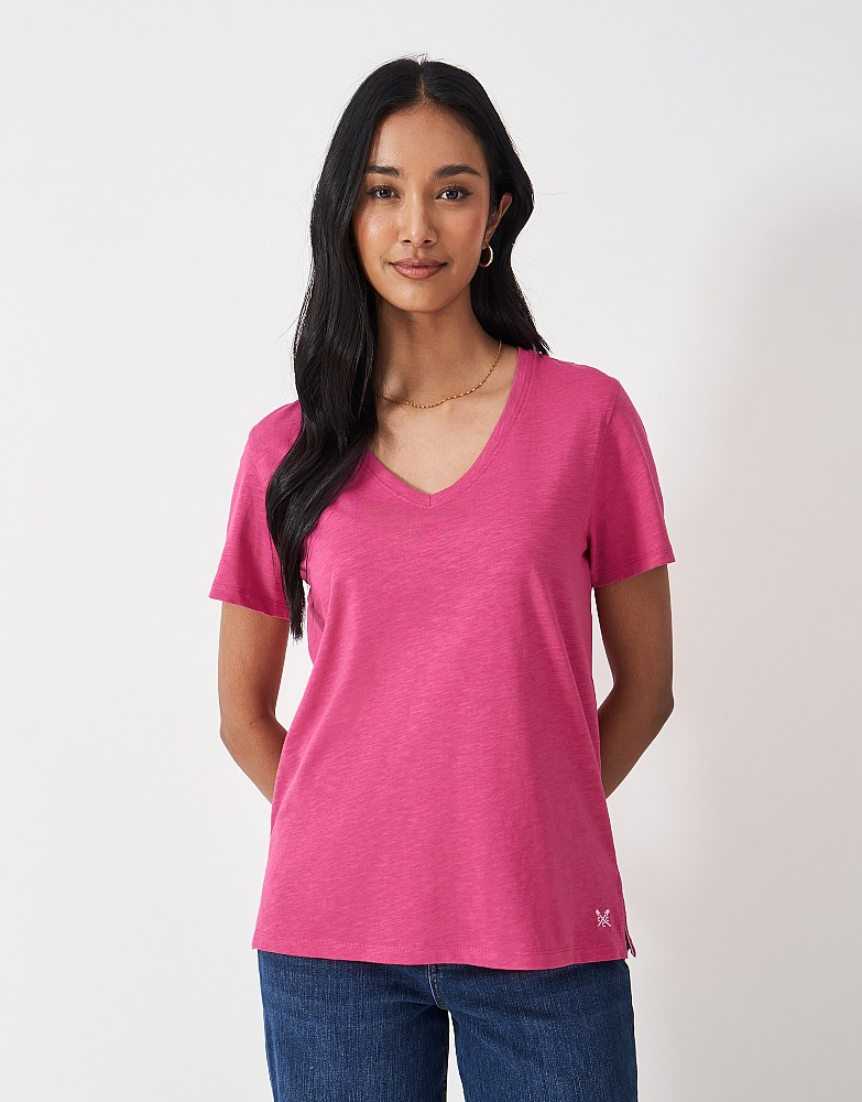 Slub V Neck T-Shirt in Pink