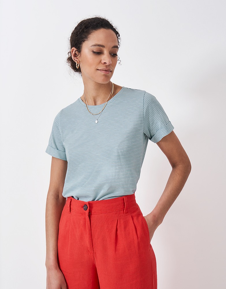 Stripe Crew Neck Slub T-Shirt in Smoke Blue