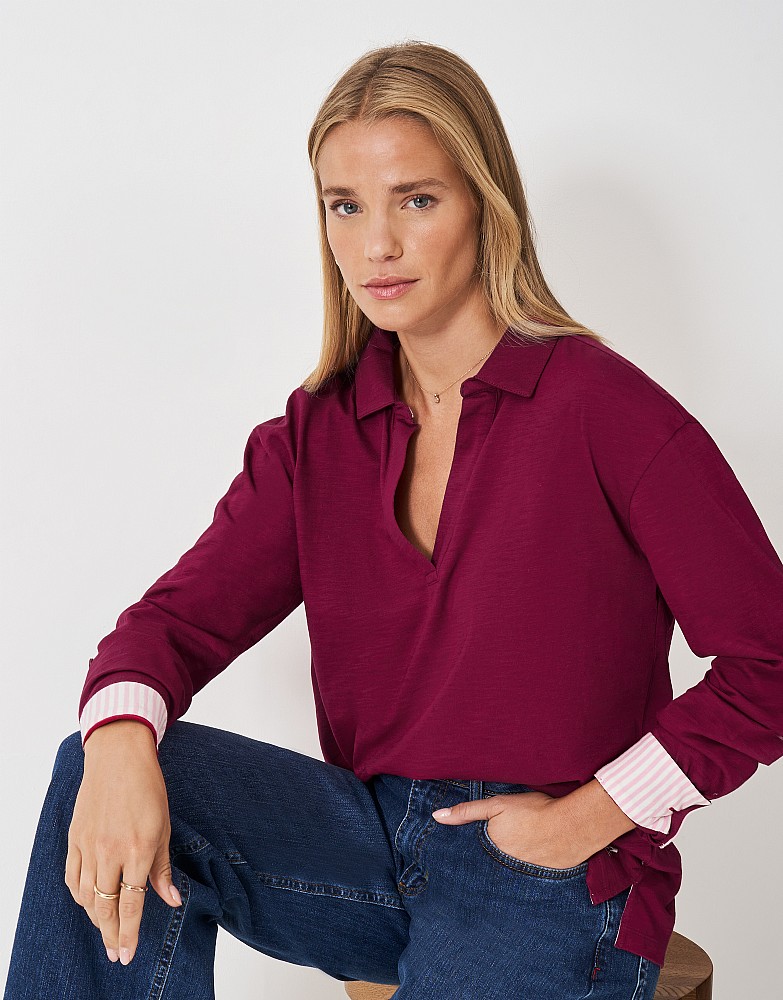 Flip Collar Slub Top in Red