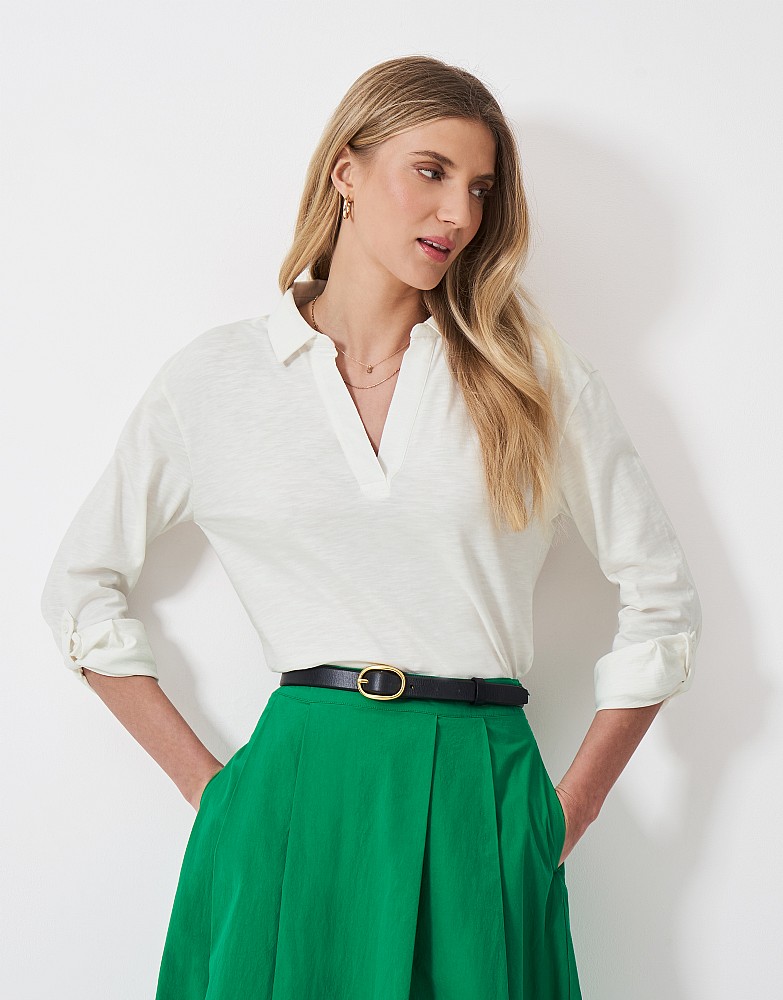 Flip Collar Slub Top in White - white