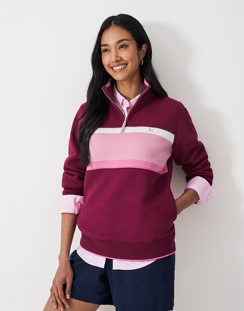 Panelled Stripe Half Zip Sweatshirt in Berry