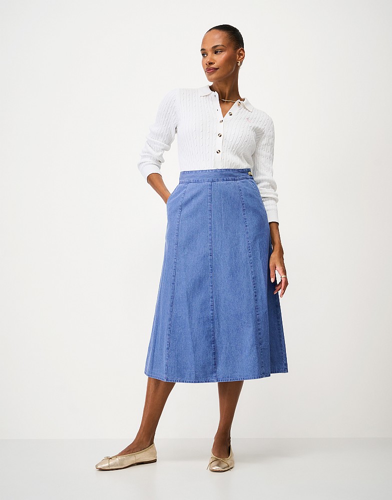 Harper Cotton Denim Midi Skirt in Blue