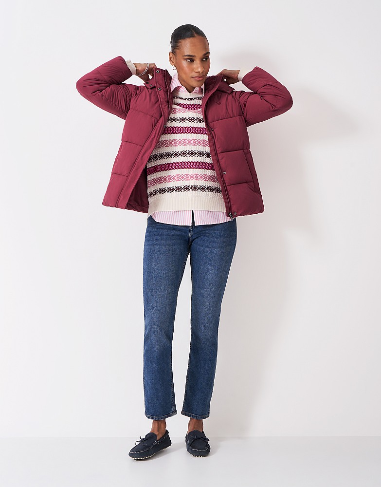 Midweight Padded Short Coat in Berry Red