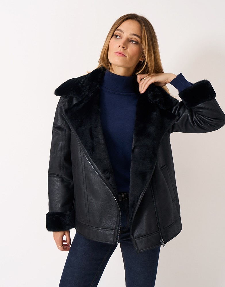 Faux Shearling Aviator Jacket in Black