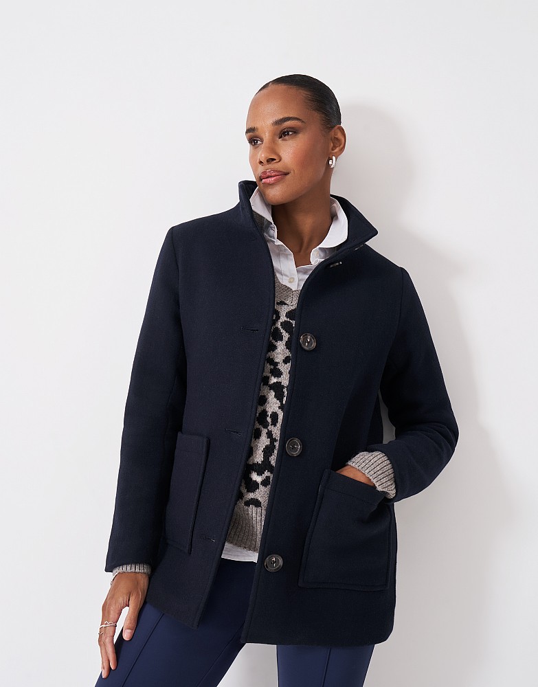 Textured Funnel Neck Wool Jacket in Navy