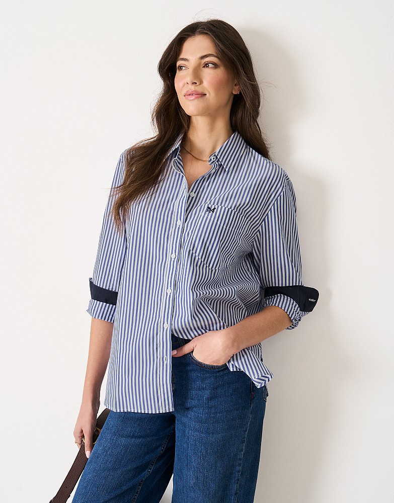 Poplin Long Sleeve Shirt in Blue & White