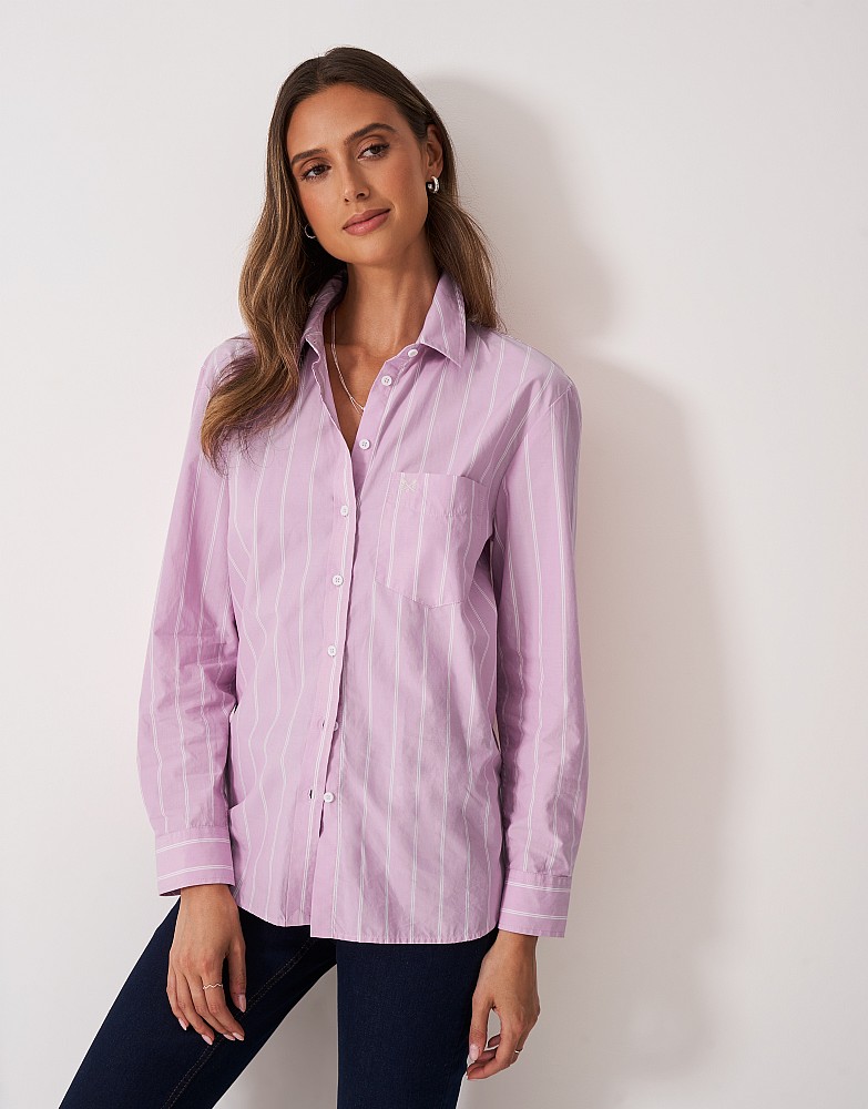 Poplin Long Sleeve Shirt in Pink and White Stripe