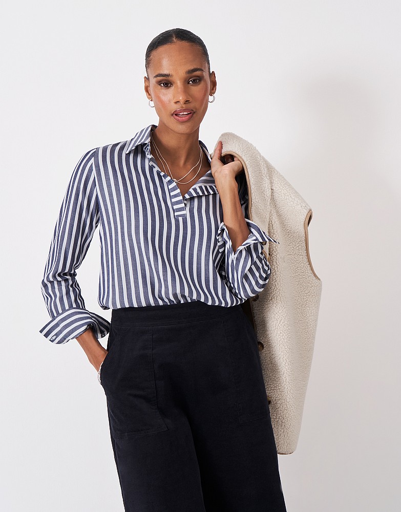 Kayla Pop Over Blouse in Navy and White Stripes