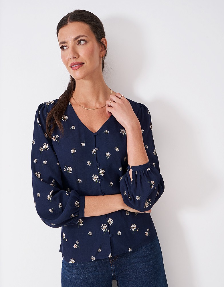 Lola Tie Back Blouse in Navy Ditsy Print