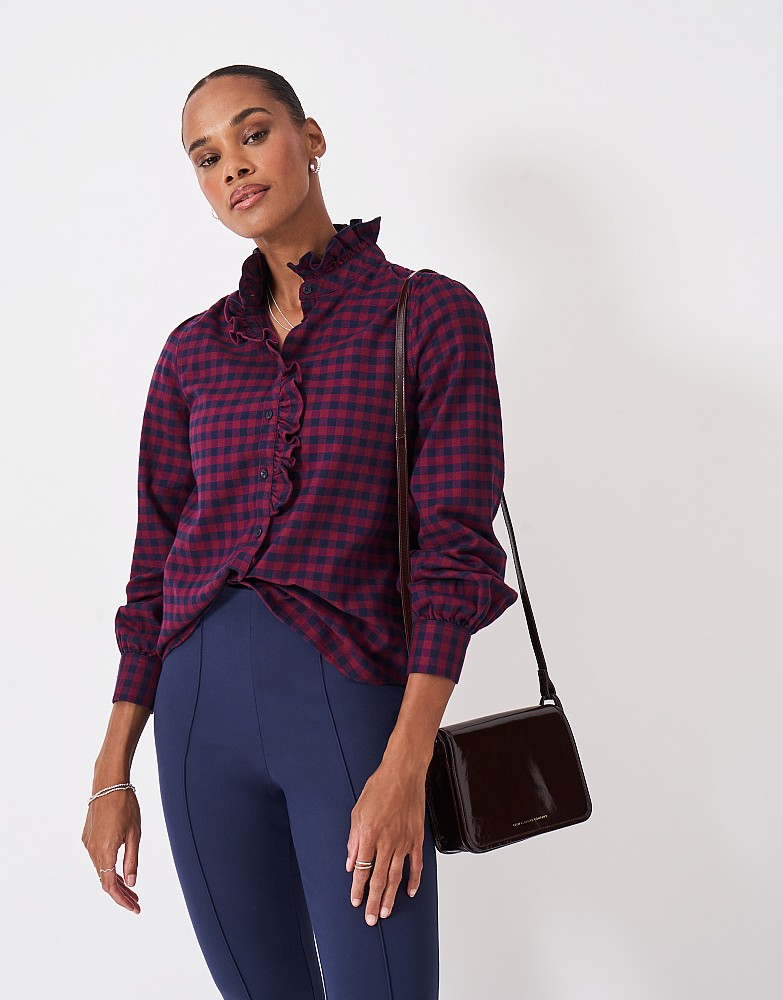 Harmony Frill Flannel Blouse in Burgundy and Navy
