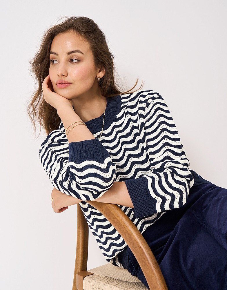Bella Scallop-Knit Jumper in White and Navy