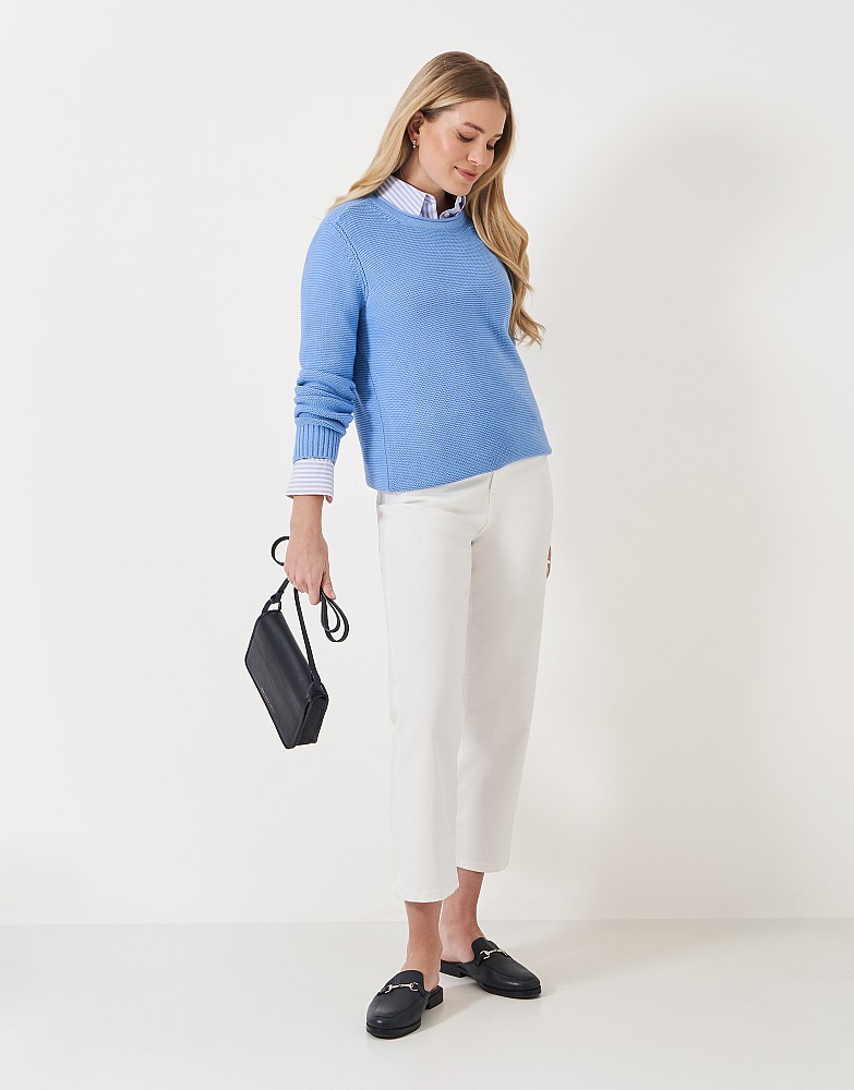 Laurie Textured Roll Edge Cotton Jumper in Blue