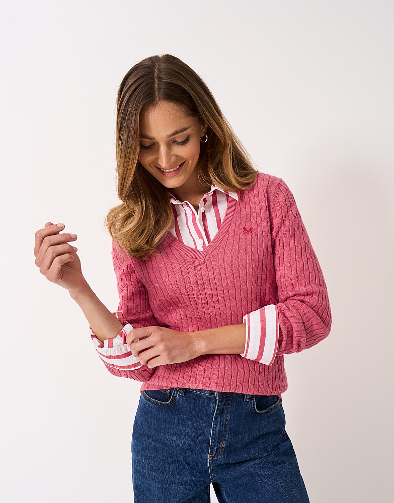 V Neck Cotton Cashmere Cable Knit Jumper in Pink