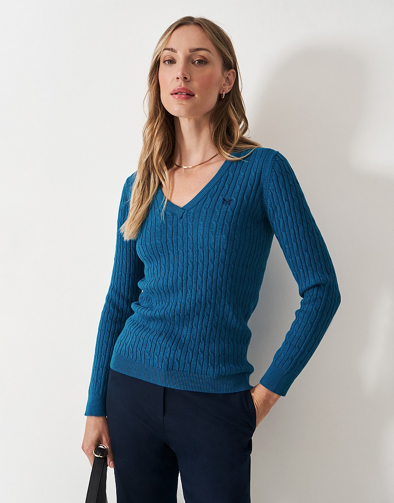 Heritage V Neck Cable Knit Jumper with Cashmere in Blue