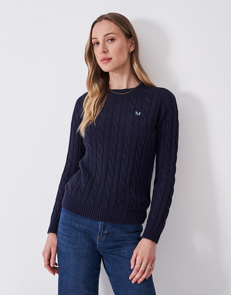 Crew Neck Chunky Cotton Cashmere Heritage Cable Knit Jumper in Navy