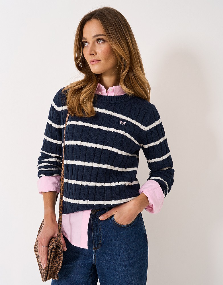 Crew Neck Chunky Heritage Cable Knit Jumper in Navy and White