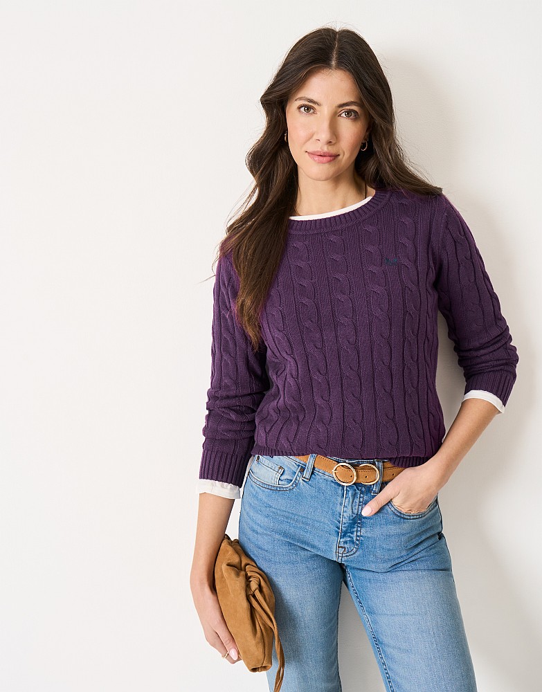 Crew Neck Chunky Cotton Cashmere Heritage Cable Knit Jumper in Purple