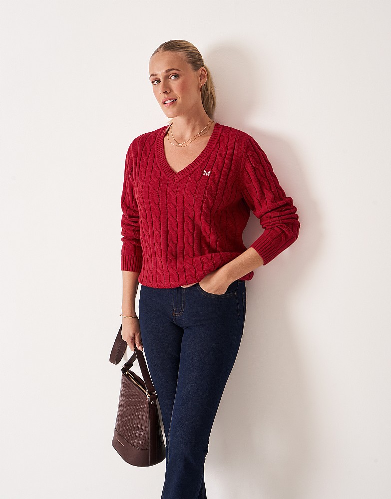 V Neck Chunky Heritage Cable Jumper in Red