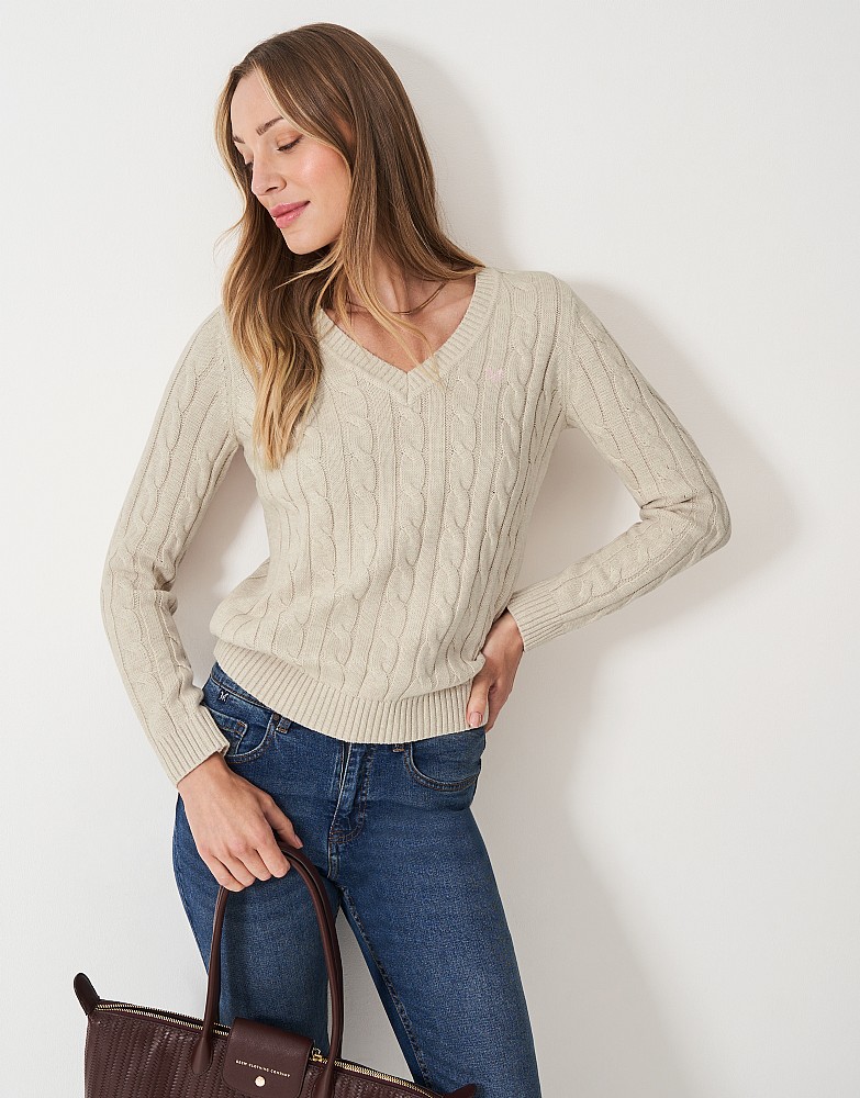 V Neck Chunky Heritage Cable Jumper in Oat