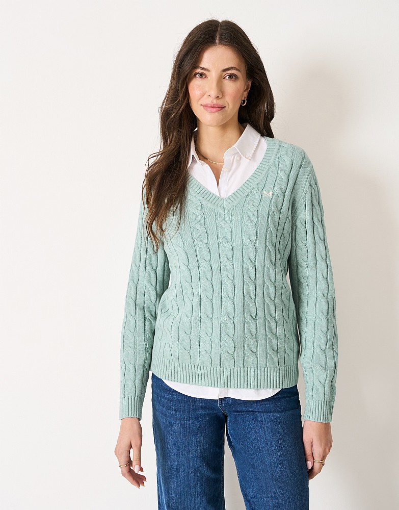 V Neck Heritage Cable Jumper in Light Blue